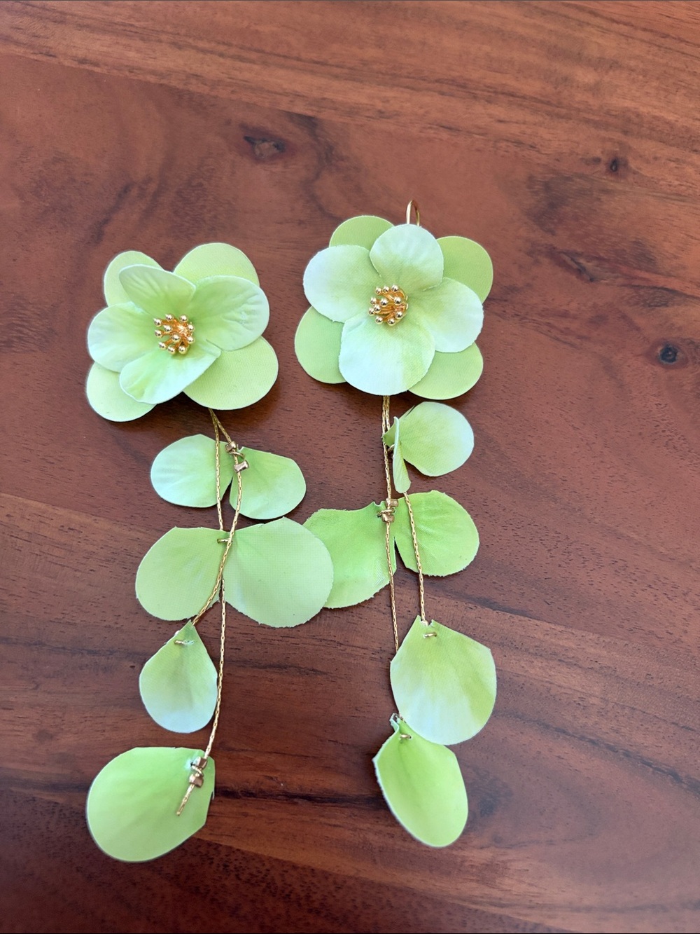 By Anthropologie Lime Green Floral Petal Drop Earrings with Gold Accents